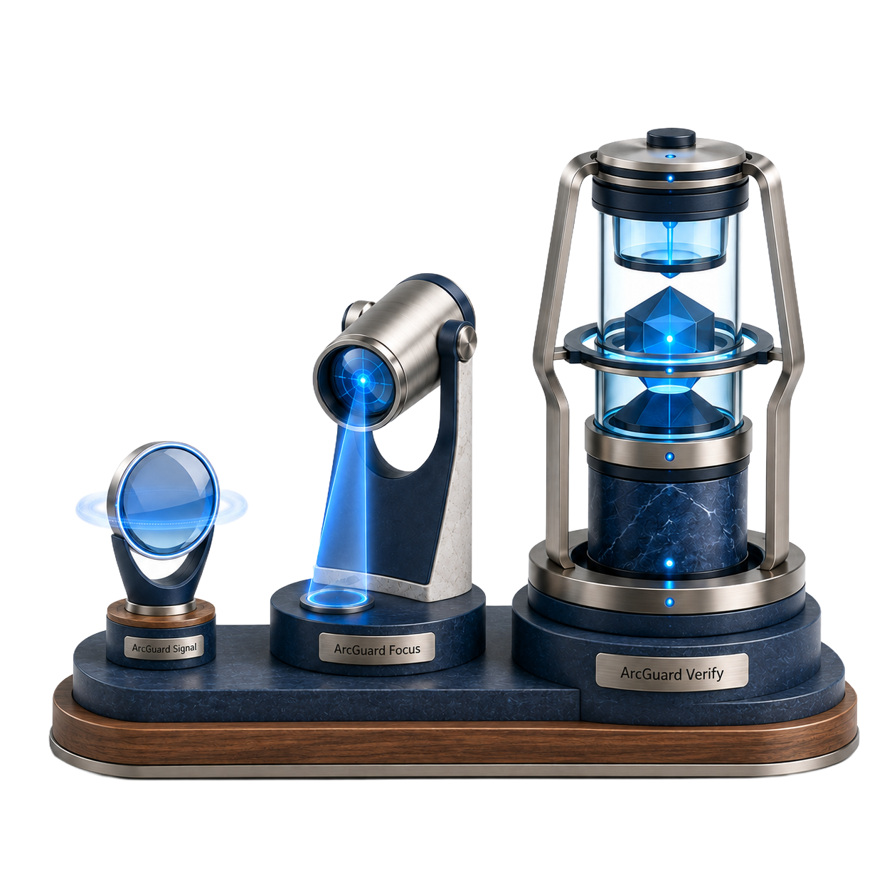 Three-part metal and glass EnaGuard product levels display showing Signal, Focus, and Verify as increasing evidence depths.