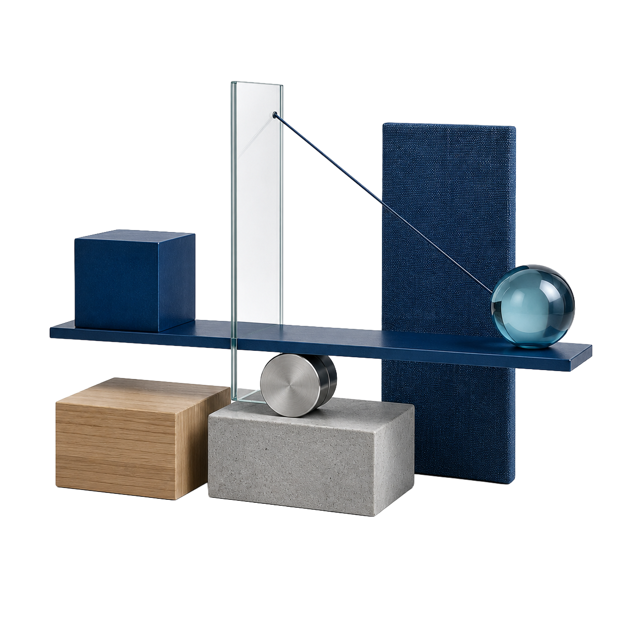 EnaGuard Balance: a glass, wood, concrete, fabric, and metal sculpture in equilibrium on a fulcrum, a taut cord holding a glass sphere against the counterweight, symbolizing the recurring tensions and trade-offs in enterprise AI architecture.