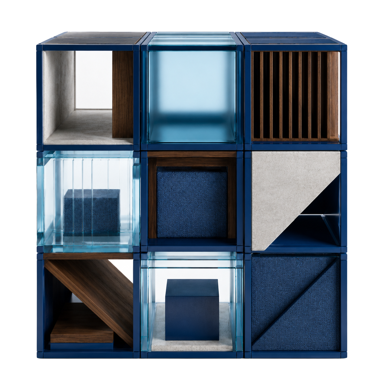 EnaGuard Matrix: a 3&times;3 grid of cubes in glass, wood, stone, and fabric, each holding a different navy or cyan object, symbolizing the range of architecture trade-offs weighed side by side.