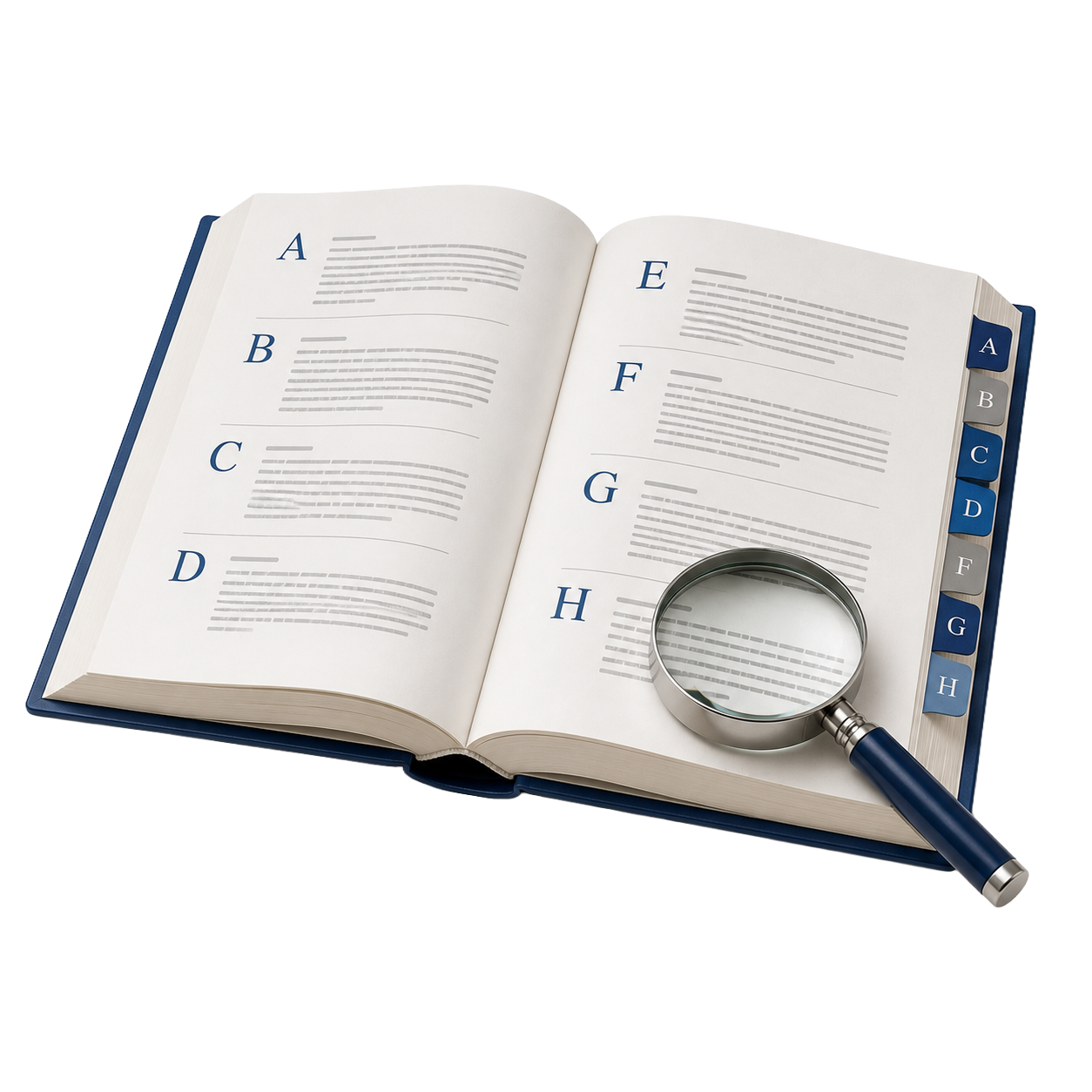 EnaGuard Glossary: an open reference book with alphabetical tabs from A to H and a magnifying glass resting over one entry, symbolizing a shared vocabulary for AI architecture conversations.