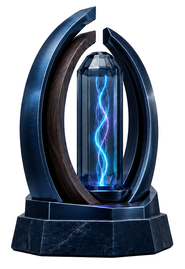 EnaGuard Keystone: a sculptural object of brushed metal arcs, dark walnut wood, dark stone base, and a glass core with a violet-to-cyan light strand, symbolizing independent, evidence-based AI architecture verification.