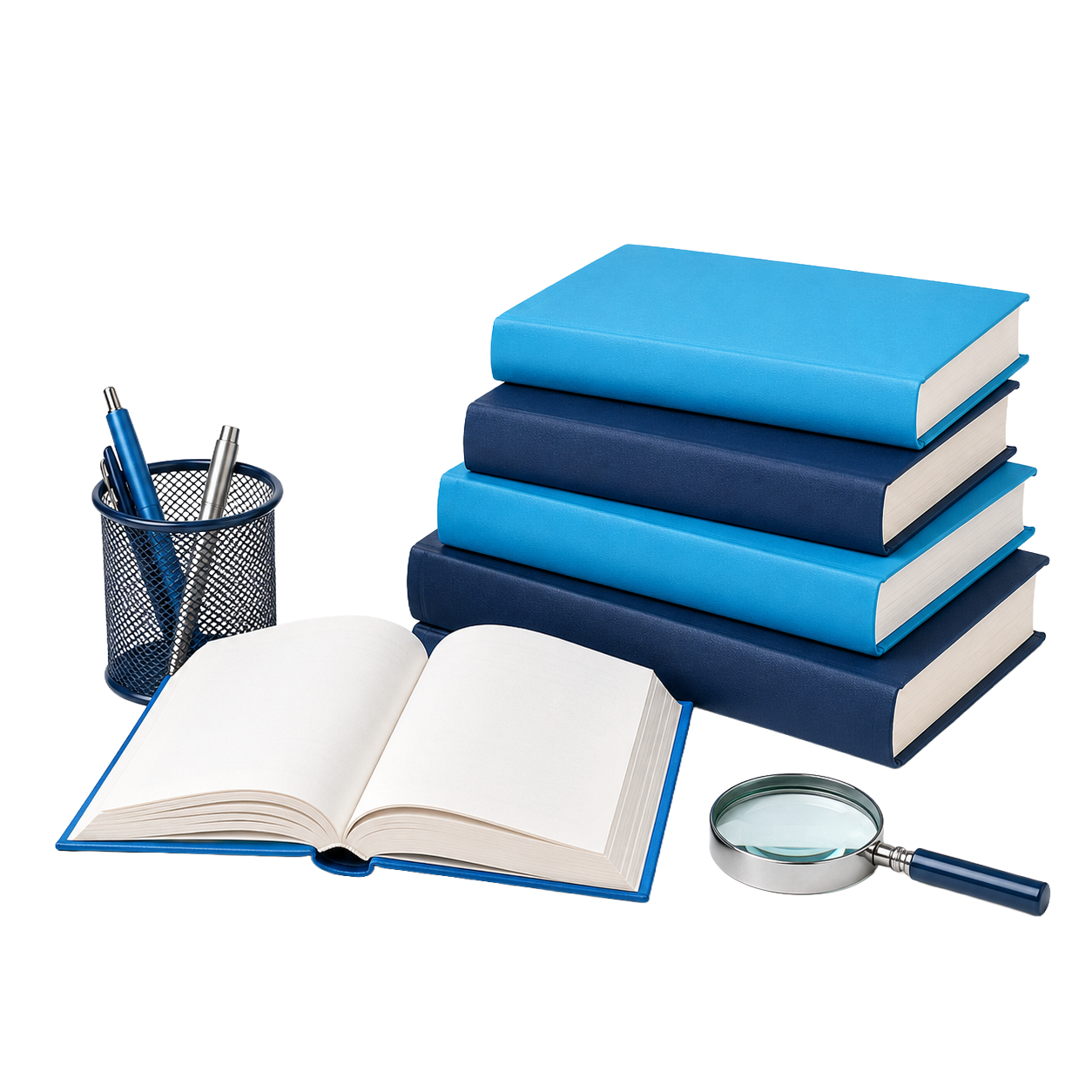 EnaGuard Resources: a stack of navy and cyan hardcover books beside an open book, a pen cup, and a magnifying glass, symbolizing the free reference material available before an assessment.