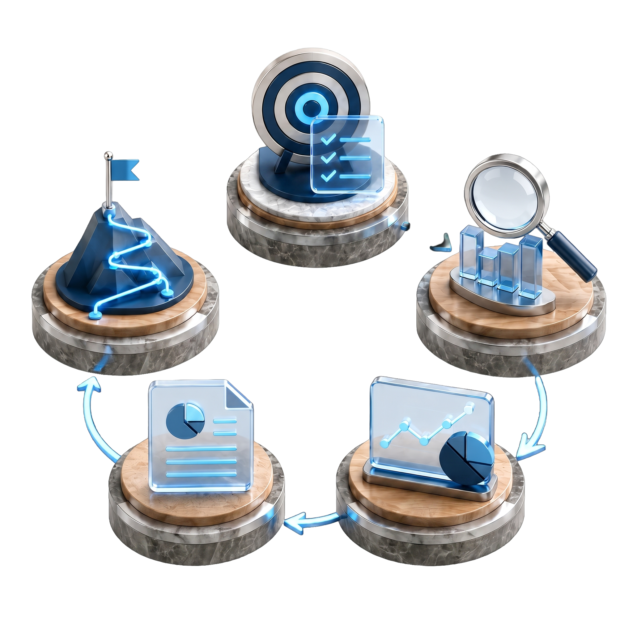 EnaGuard Span: a sequential architectural stone structure with a violet-to-cyan light vein running through it, growing brighter with each stage, symbolizing the step-by-step assessment process from scope to proof.